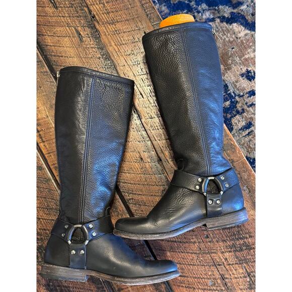 FRYE Shoes - Womens Size 5.5 Black Leather FRYE "Olivia" Tall Zip Up Harness and Buckle Boots
